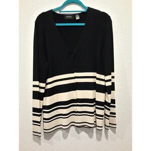 Dana Buchman Women sz L Sweater Striped Black Cream Button down V Neck Line